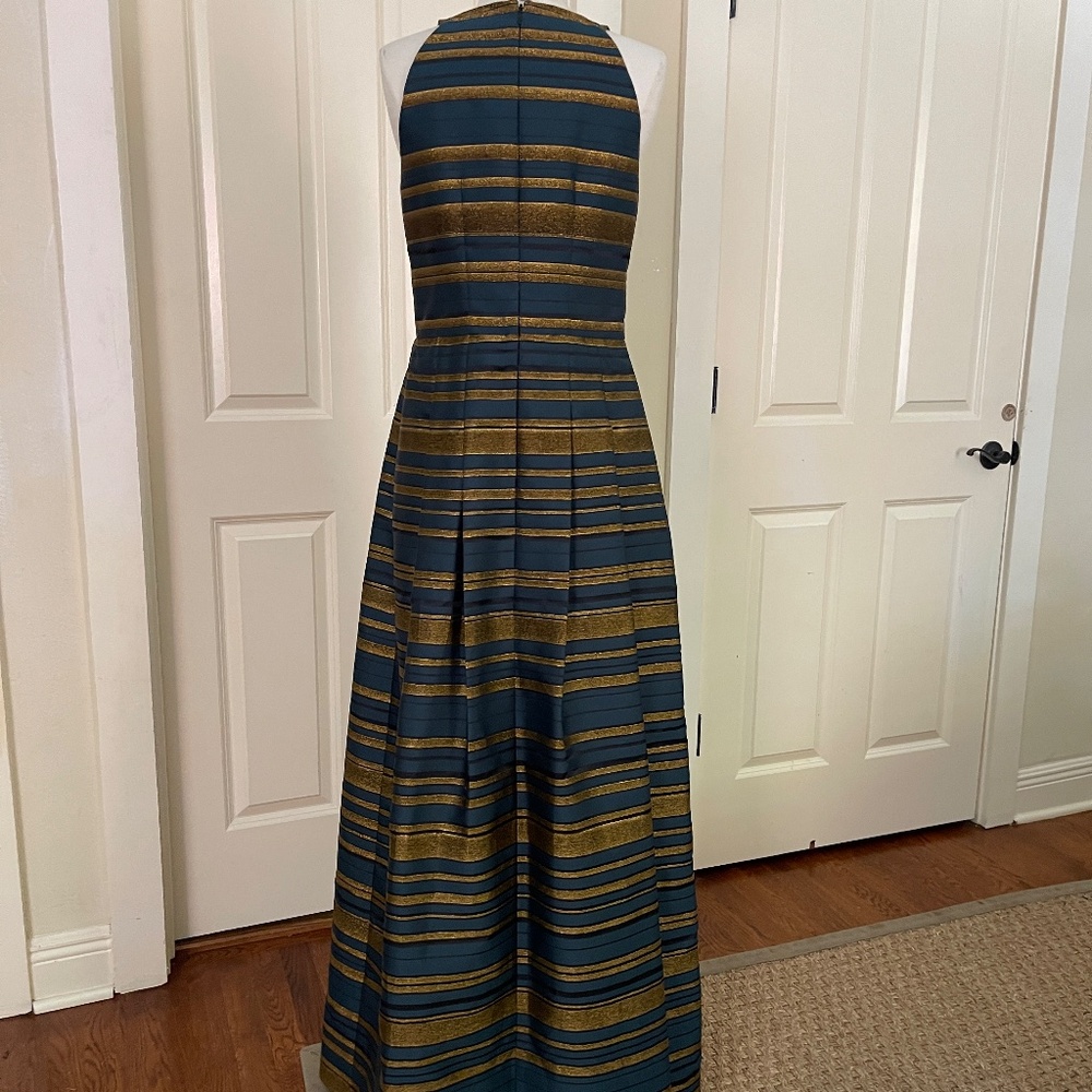 Kay Unger Navy and Gold Striped Halter Wedding Guest Gown - Picture 2 of 15